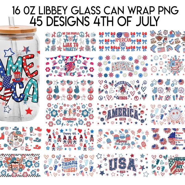 45 Designs America 4th of July 16oz Libbey Glass Can, American Vibes Frosted Glass, Independence Day Libbey Cup, America Y'all