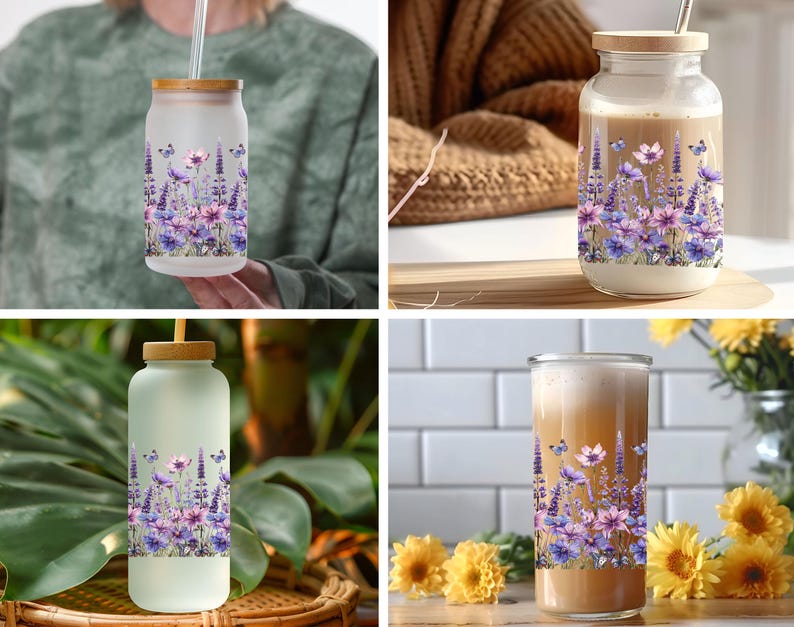 Puede incluir: Cuatro botellas de vidrio con un dise&ntilde;o floral y una pajita. Las botellas est&aacute;n llenas de un l&iacute;quido marr&oacute;n claro. Las botellas est&aacute;n sobre una variedad de superficies, incluyendo una mesa de madera, una superficie de azulejos blancos y una planta verde.