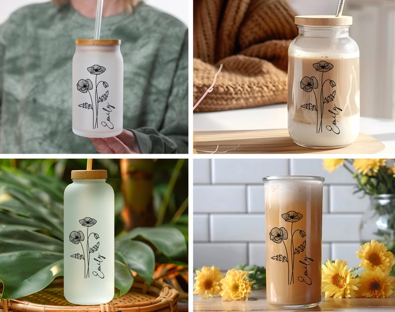 Pu&ograve; includere: Quattro bottiglie di vetro con un design floreale e il nome "Emily" stampato su di esse. Le bottiglie sono riempite con diversi liquidi, tra cui caff&egrave;, acqua e un liquido trasparente. Le bottiglie hanno tappi di legno e cannucce.