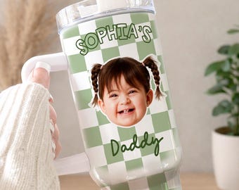 Personalized Father’s Day Photo Tumbler 40oz, Custom Dad Cup With Kid Photo, Daddy Tumbler, Checkerboard Stanley Style Cup
