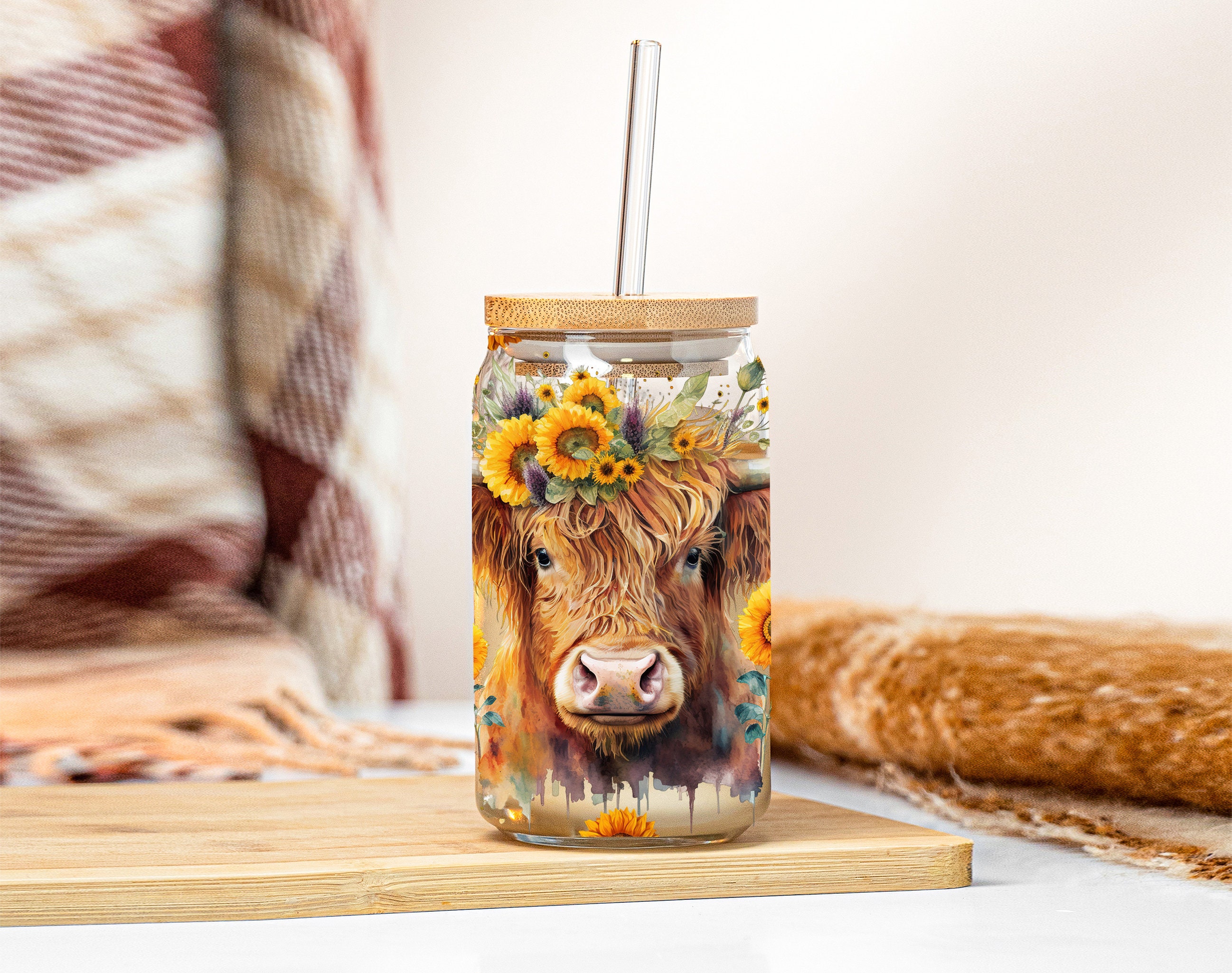 25oz frosted glass highland cow tumbler – Sierra's Door Decor & More