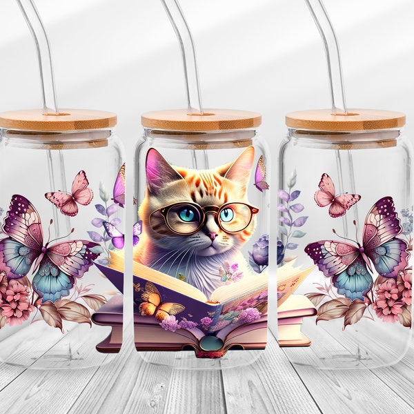 Cat Libbey Glass Can Wrap Png, Cute Cat Coffee Cup, Cat Book Libbey Glass Can 16oz, Cat Butterflies Glass Can Mother's Day Libbey Glass png