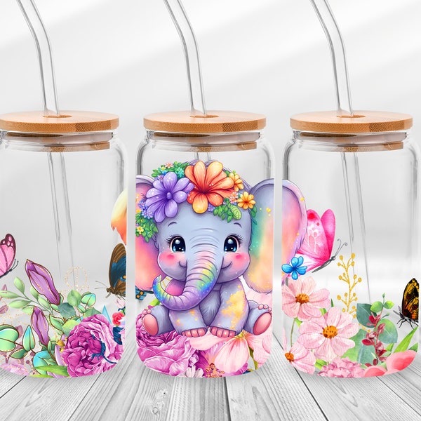 Cute Baby Elephant 16 oz Libbey Glass Can Sublimation Design, Pink Elephant Floral Glass Can Wrap, Mothers Day Libbey 16oz Glass Wrap Png