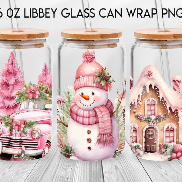 Christmas Snowman 16oz Libbey Glass Can, Christmas Reindeer Frosted Glass, Christmas Truck Beer Can Glass, Pink Christmas Libbey Cup