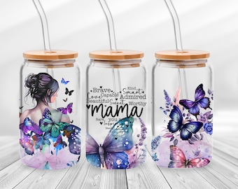 Butterfly Mama Libbey Glass Can Wrap PNG - Flower Mom Butterfly Glass Can Template - Butterfly Mother's Day 16oz Tumbler Sublimation Design