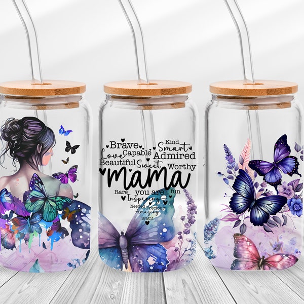 Butterfly Mama Libbey Glass Can Wrap PNG - Flower Mom Butterfly Glass Can Template - Butterfly Mother's Day 16oz Tumbler Sublimation Design