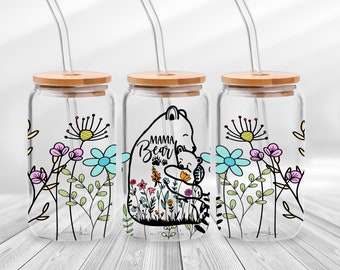 Mama Bear Glass Can Wrap Png Mothers Day Glass Can Bundle, Mothers Day Libbey 16 oz Glass Wrap, Mom Flower Glass Cup Png, Retro Mama Png