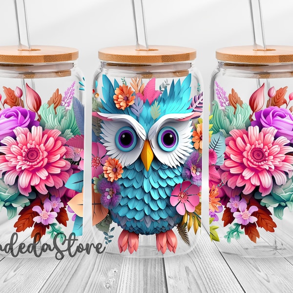 3D Cute Owl 16 oz Libbey Glass Can Sublimation Design, 3D Owl Flower Glass Can Wrap, Mothers Day Libbey 16oz Glass Wrap Png