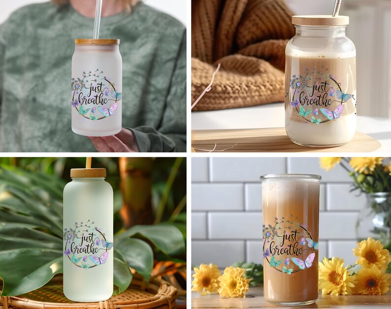 May include: Four glass bottles with a wooden lid and a straw. The bottles are filled with a light brown liquid and have a floral design with butterflies and the text "Just Breathe".