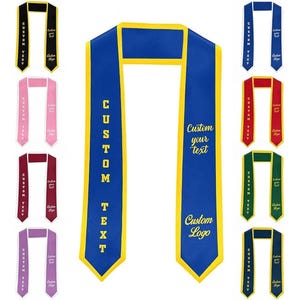 May include: A collection of graduation stoles in various colors, including black, pink, burgundy, purple, blue, red, green, and navy. Each stole features the text "CUSTOM TEXT" and "Custom Logo" or "Custom your text" in a contrasting color.