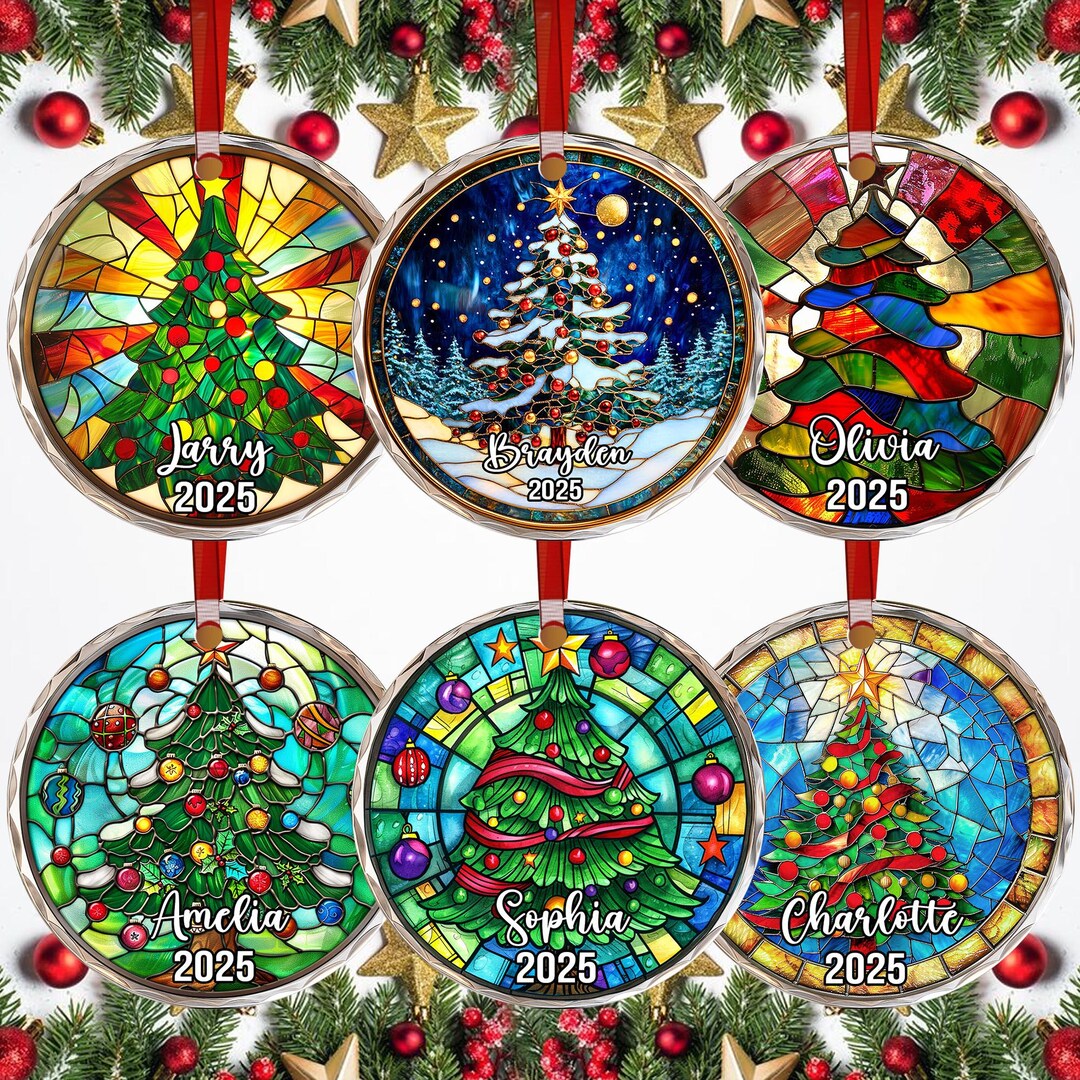 Personalized Christmas Tree Stained Glass Ornament 2025, Custom Name ...