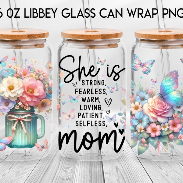 She Is Strong Mom 16oz Libbey Glass Can, Mom Butterfly Flower Frosted Glass, Mom Life Libbey Cup, Gift For Mom, Happy Mother's Day