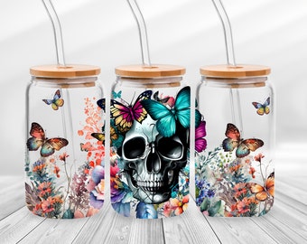 Schädel Schmetterlinge Libbey Glasdose Png, Blumenschädel Kaffeetasse, Schädel-Glas-nahtlose Verpackung digitaler Download Muttertag Libbey Glas