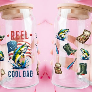 Vinilo DTF UV para papá pescador, calcomanía para taza Reel Cool Dad, pegatina DTF UV para pescador, vaso Libbey de 16 oz para el Día del Padre, vinilo DTF UV impermeable, listo para prensar
