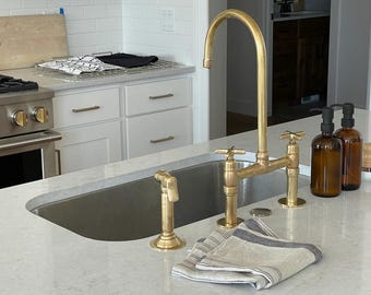 Unlacquered brass bridge faucet, Patina Brass Kitchen Faucet