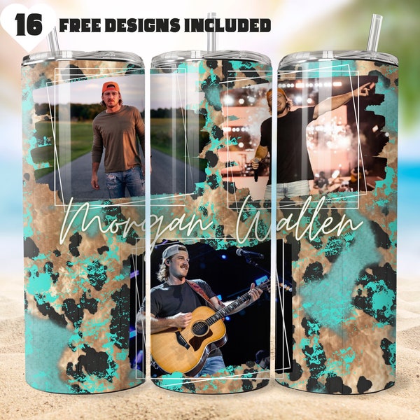 Morgan Wallen Tumbler Wrap PNG Tapered & Straight Skinny 20 oz. Photo Pictures Leopard Cheetah Country Music Turquoise Song Lyrics Western