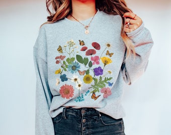 Butterfly Sweatshirt Pressed Flowers Shirt Granola Girl Aesthetic Clothing Whimsigoth Clothing Fairycore Shirt Cottage Core Light Academia