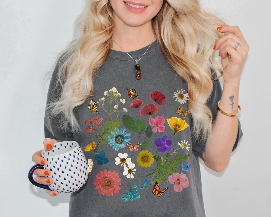 Pressed Flower Shirt With Pressed Dried Flowers Butterfly Etsy