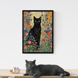Arte de parede de flor de gato, impressão de gato de jardim de Gustav Klimt, pôster de gato de flor de Klimt, presente de mãe de gato, presente de senhora de gato jardim de gato preto, pintura de gato engraçado