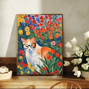 Arte de parede de gato de jardim Gustav Klimt, gato malhado laranja gengibre, pôster de gato de flor Klimt, arte de parede de gato Matisse, arte de gato e flores, presentes para mãe de gato