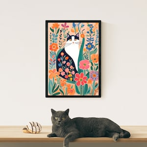 Gustav Klimt inspiriert Gartenkatzendruck, schwarzweiße Katzenkunst, Klimt Blumen Katzenposter, Matisse Kunst inspiriert, Blumendruck, lustiger Katzendruck