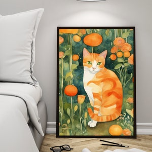 Arte de parede de gato Ginger Klimt, presente para amante de gatos, arte de gato malhado laranja, senhora de gato louco, gato de jardim, gato floral, impressão de gato engraçado, impressão de Gustav Klimt