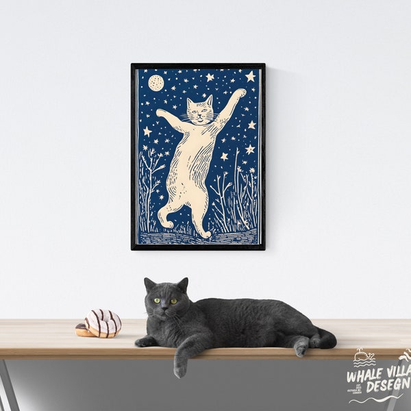 Starry Night Cat Print, Cat Moon Linocut, Klimt Cat poster, Cat Art, Funny Cat print, Funny cat gift, Celestial Cat Print, Gift for Cat Mama