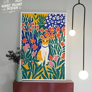 Gustav Klimt inspirou arte de parede de gato de jardim, gato malhado laranja gengibre, pôster de flor Klimt, arte de parede de gato Matisse, flor Matisse, presente para amante de gato