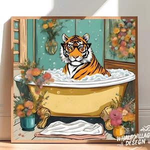 Tiger in Bathtub Boho Bathroom Wall art, Electric Art, Jungle Décor, Big Cat Art Print, Bathroom Décor, Maximalist WallArt, Fun Animal Print