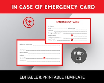 Editable Medical Alert Card Template: Emergency Contact ID (Digital Download)