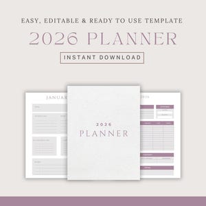 Modern Minimalist Lavender 2026 Editable Printable Digital Planner, 2026 Editable Monthly Budget Planner, 2026 Editable Goals Planner