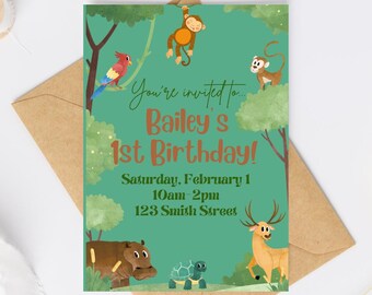 Safari Birthday Invitation: Editable Zoo Animals, Canva Template (Digital Download)