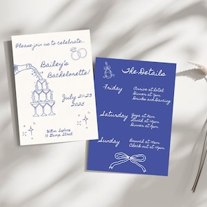 Handgetekende stijl blauw en wit uitnodiging vrijgezellenfeest, handgeschreven stijl champagne toren kippenfeest uitnodiging, instant download