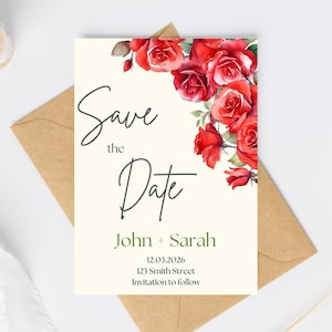 Red Roses Modern Romantic Save the Date Invitation Template, Romance Elegant Wedding Invitation Template, Canva Editable Digital Download