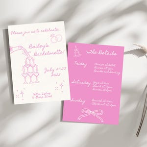 Handgetekende stijl roze en witte uitnodiging vrijgezellenfeest, leuke girly champagnecocktails kippen feestuitnodiging, Instant Canva downloaden