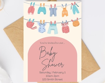 Hand Drawn Baby Shower Invitation: Gender Neutral Clothesline (Canva Editable, Digital Download)