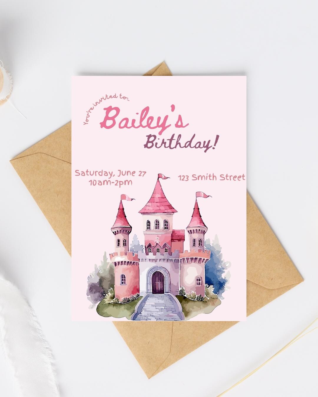 Watercolor Princess Castle Birthday Invitation: Pink, Purple, Blue ...