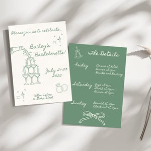 Groene en witte handgetekende stijl uitnodiging vrijgezellenfeest, pastel salie groene en witte kippen uitnodiging voor feest, Instant Download
