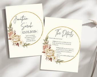 Invitación de boda rústica con flores: marrón, naranja y verde (descarga digital editable en Canva)