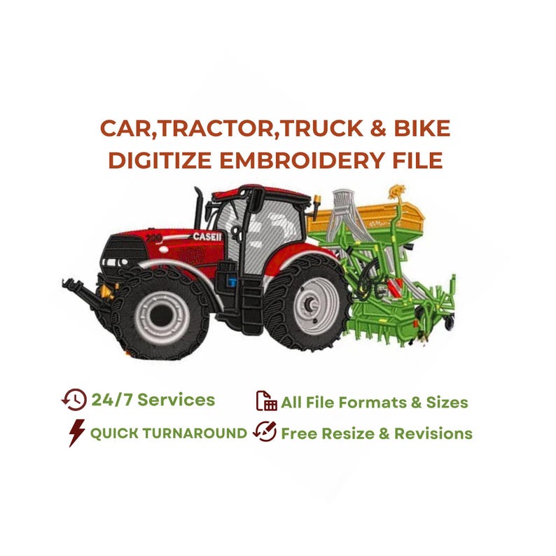 Service de numérisation de broderie personnalisée : dessin de voiture, image de moto, fichier de téléchargement instantané de camion et de tracteur image 1
