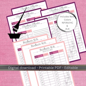 May include: A collection of printable Redken Shades and Redken ALK inventory tracking sheets featuring columns for shade, stock, and order. A black hair dye brush and bowl icon are present, along with a circular text overlay stating Includes New Colors NP/NV/HC & ALK. The bottom banner reads Digital download - Printable PDF - Editable.