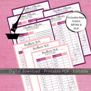 May include: Printable PDF inventory sheets for Redken Shades and Redken ALK hair color products. The sheets are in shades of pink and purple, with floral accents. Includes new colors NP/NV & ALK. The text "Digital download - Printable PDF - Editable" is visible.