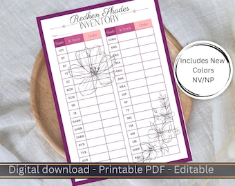 Hoja de inventario de colores editable/imprimible Redken Shades Eq con nuevos COLORES NV/NP