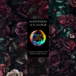 Repeating Seamless Digital Pattern Dark Purple Roses Scrapbook Paper Pack JPEG Digital Paper Designs