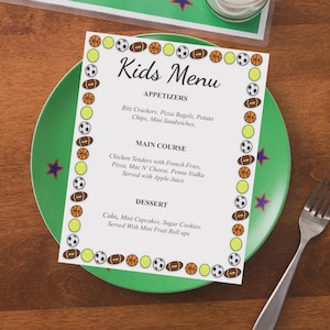 Sports Themed Kids Menu Card Template Editable Card Menu Instant Download Printable Menu Spoerts Food Drinks Menu