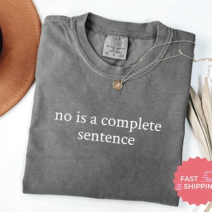 May include: A gray Comfort Colors t-shirt with the phrase "no is a complete sentence" in white. A gold necklace with a pendant rests on the shirt. A brown hat and dried leaves are in the background.