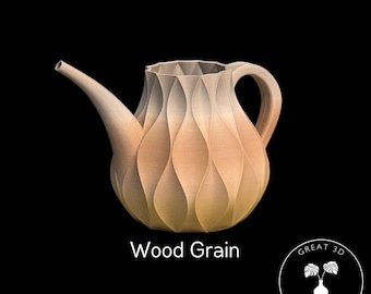 May include: A ceramic teapot with a wood grain finish. The teapot has a rounded body with a textured surface and a spout on the side. The teapot is a light brown color with a gradient of color from light to dark. The teapot is sitting on a black background.