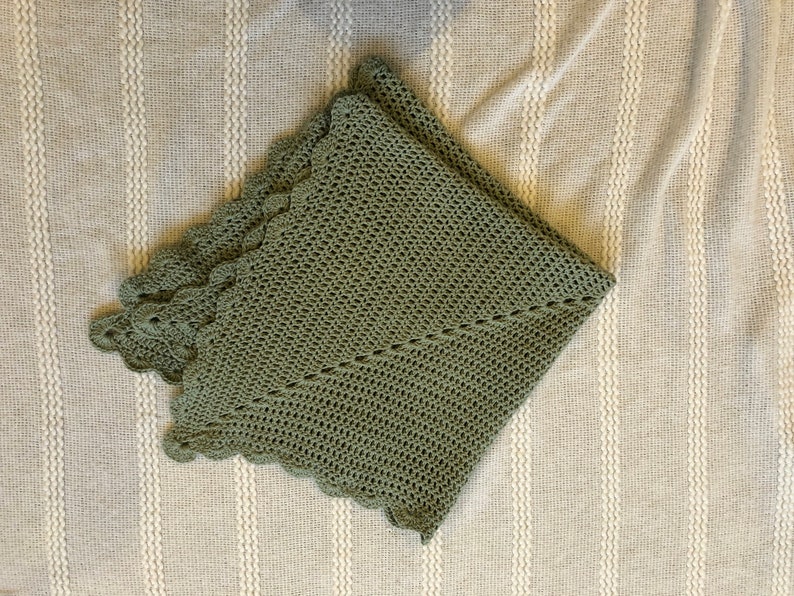 Handmade Sage Green Crochet Baby Blanket Scalloped Border Etsy