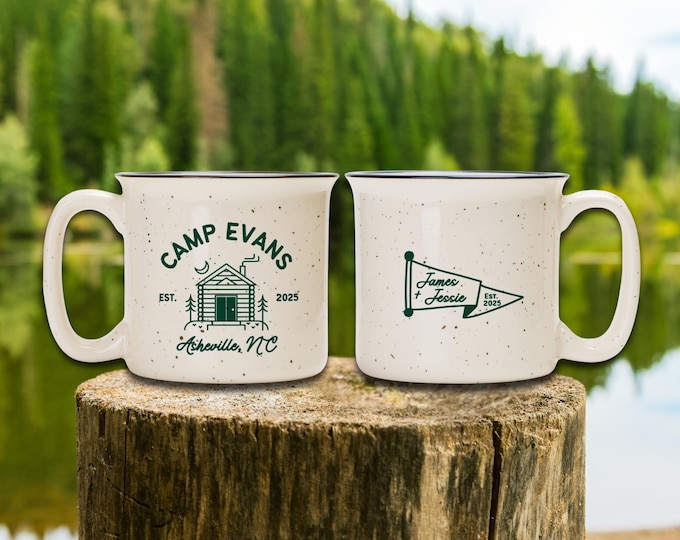 Speckled Camping Mug, Camp Bachelorette Favors, Coffee Wedding Favors, Stoneware Mug, Custom Camping Cup, Mountain Wedding, 13oz Ceramic Mug
