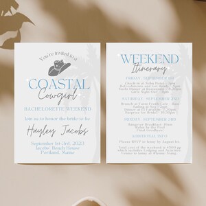 Coastal Cowgirl Bachelorette Invite, Coastal Grandmother Digital Invitation, Coastal Aesthetic Weekend Itinerary, Canva Template Editable image 2